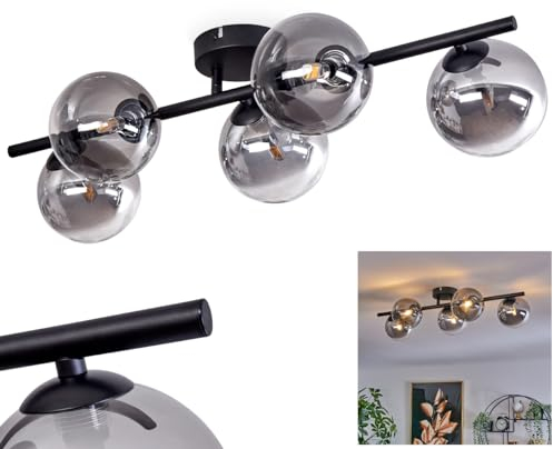 Plafonnier Chehalis, plafonnier en métal/verre noir/fumée/clair, luminaire au design rétro/vintage avec abat-jour en verre (Ø 12 cm), 5 x G9 LED, sans ampoules