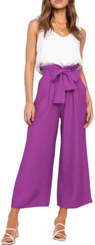 FANCYINN Damen Sommer 2-Teiliges Outfit Jumpsuit Festlich Hochzeit Lang Hosenanzug Rundhals Ärmelloses Tanktop Gekürzte Weites Bein Hose Playsuit Weißes Oberteil & Violett Hose XL