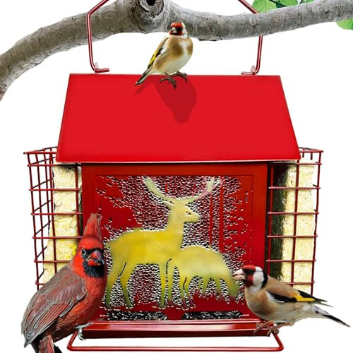 Meleave Mangiatoia per uccelli con gabbie di rogna, mangiatoia per uccelli selvatici con 2 gabbie per fringuelli cardinali e uccelli selvatici, capacità di semi 1,8 kg (rosso)