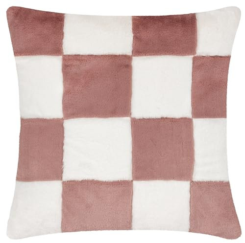 furn. Heya Home Cozee Check Faux Fur Cushion Cover – Ultra-Soft Checkerboard Design (Pink – 50 x 50 cm, Pack of 1)