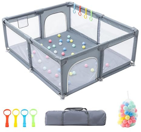 GLOKID Laufstall Baby 150 X 180cm, Laufgitter baby, große Sicherheitsspielplatz, mit Anti-Kollision Schaum Absperrgitter mit atmungsaktivem Netz, Einschließlich Ocean Balls y Pull Rings (XWL 1518)