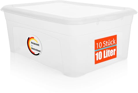 BigDean 10 Stück Aufbewahrungsbox mit Deckel 10L robust & stapelbar Plastikbox transparent Made in Germany
