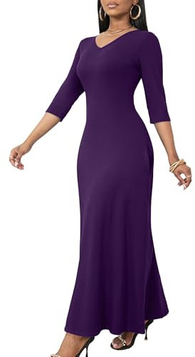 FANDEE Maxi Dress for Women 3/4 Sleeve Maxi Dresses V Neck Casual Loose Long T Shirt Dresses Basic (M-3XL), Solid Purple, XL