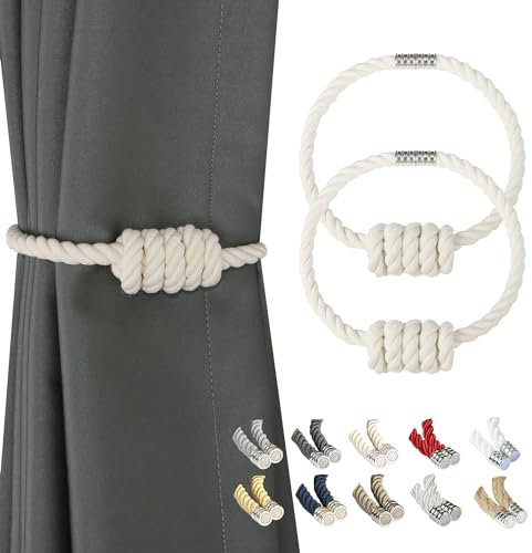 BEL AVENIR Alzapaños magnéticos para cortinas, modernos alzapaños tejidos con exquisito nudo, soportes para cortinas para decoración del hogar (algodón, paquete de 2)