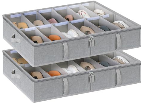 StorageWorks Unterbett Aufbewahrungsbox, Stoff Unter-Schuhaufbewahrung mit transparentem Deckel, für bis zu 24 Paar, faltbare Unterbettkommode mit verstellbaren Trennwänden, grau, 2 Stück