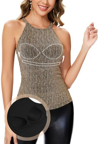 ANYFITTING Damen Pailletten Tops Ärmellose Neckholder Camisole Tops mit Integriertem BH Cami Bluse BH Hemden für Damen Geripptes Funkelndes Gold S