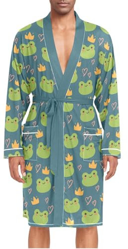ZZXXB Frosch und Krone Herren-Nachtwäsche, leicht, langärmelig, Spa-Bademantel mit Taschen, M-XL, grün, L