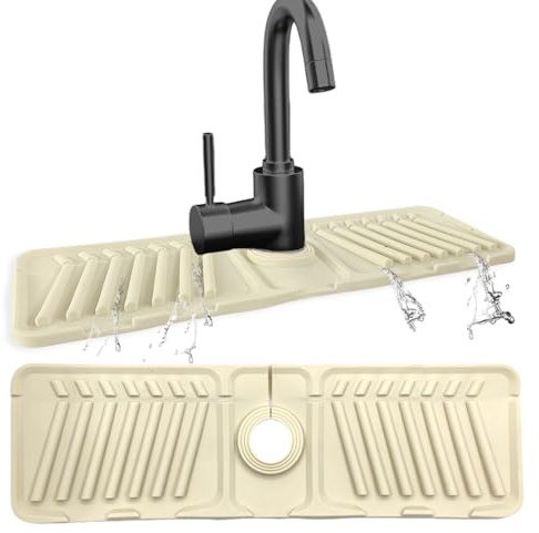 Echehi Tappetino per Rubinetto Cucina in Silicone, Paraspruzzi Lavello Cucina da 44 x 14 cm con Fori Tagliabili, Inclinazione di 7°, Design Pieghevole a 90°. Bianco Sporco