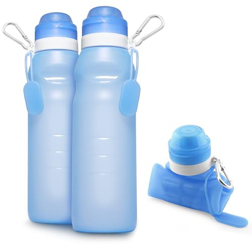 Ganzoo Silikon Trinkflasche blau, 2 Stück faltbar mit je 600 ml, BPA-frei, wiederverwendbar, Trinktüte mit Karabiner, dichtem Gewinde und Klappdeckel für Festival Wandern Camping Radfahren Outdoor