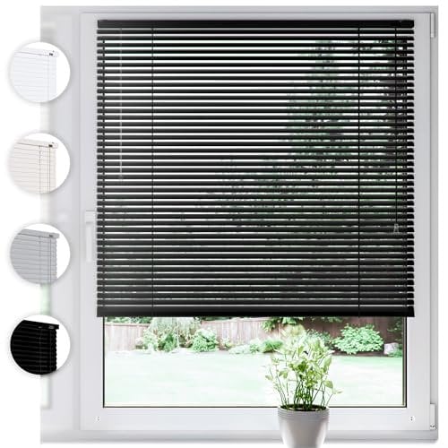 SONELLO Aluminium Jalousie 145cm x 130cm Schwarz Alu Jalousie Klemmfix ohne Bohren Sichtschutz Blendschutz Lichtschutz Sonnenschutz für Fenster und Türen