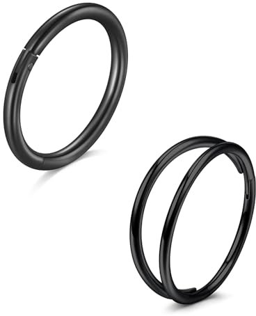 LAURITAMI 2 Stück Nasenpiercing Ring Chirurgenstahl 20G Dünn Doppelter Nasenpiercing Ring Schwarz, Septum Clicker Ring, 10mm Helix Conch Knorpel Tragus Nasenpiercing Schmuck