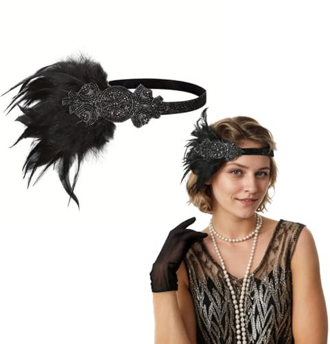 Axvxby 1920er Jahre Damen Stirnbänder - Vintage Rhinestone Haarband, Gatsby Kostümzubehör, Pfauenfeder Vintage Haarbänder - Mardi Gras Party, Maskeradedekorationen (Schwarz, Durchschnittsgröße)