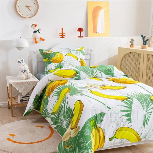 Odot 3 Piece Kids Single Bedding Sets, Single Duvet Cover Set with Zip Fastening with Soft Microfiber 2 Pillow Case 50 * 75cm for School Dormitories (180 * 210cm,Banana)