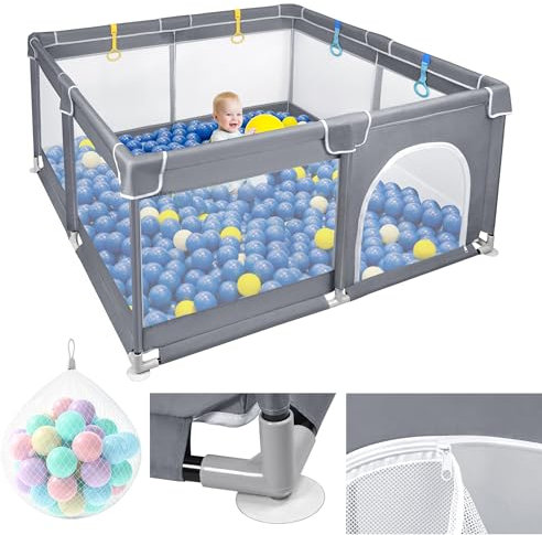 Aufun Laufstall Baby Laufgitter 300D Oxford Gewebe, mit Anti-Kollision Schaum Absperrgitter, Atmungsaktivem Netz, Reißverschluss (Dunkelgrau, 127x127x68cm)