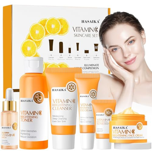 HASAIKA® Vitamina C Pack Regalo, Set de Cuidado Facial con Vitamina C Incluye Limpiador de Tóner, Crema Facial y Suero, para Nutre e Hidrata el Rostro, 6 piezas