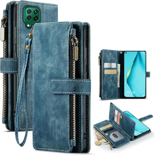 Asuwish Handyhülle für Huawei P40 Lite 4G Hülle mit Folie Schutzfolie Kartenfach Klappbar Leder Geldbörse Ständer Hawaii P 40 P40Lite JNY-LX1 Handy Hüllen Schutzhülle Phone Reißverschluss Case Blau