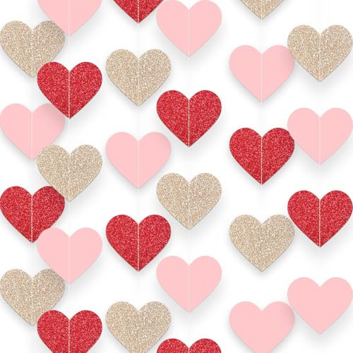 4 Stück Glitzer Herz Girlande, Muttertag Deko Rot Valentinstag Deko Banner, Herzgirlanden Rubinhochzeit Hängedeko für Jahrestag Braut Geburtstag Heiratsantrag Verlobung Party Deko, 4M 160 Herzen (Rot)