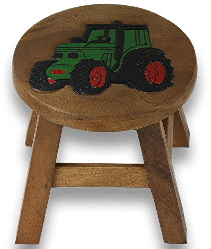 Tokoindah Kinderhocker Holz Traktor | Massivholz, rund, 25 cm | Handgefertigter Holzhocker fürs Kinderzimmer – geschnitztes, handbemaltes Motiv, jedes Stück ein Unikat