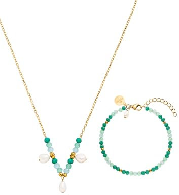 Purelei® Beach Breeze Set – Kette & Armband mit facettierten Glasperlen & Süßwasserperlen, verstellbar, 18K vergoldet, Schmuckset, Damenschmuck, Schmuck für Frauen (Gold)