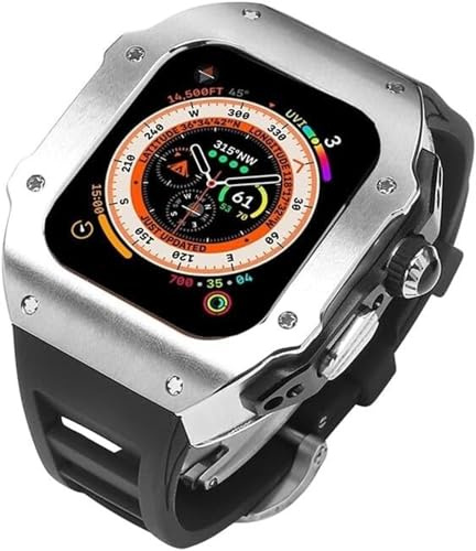 LMRJHAZM 44mm 45 mm 49 mm Luxus Edelstahl Uhr Watch Hülle Fluor Gummi -Uhrengurt ， für die Serie 8 7 6 Se 5 4 ， Metal Beeten Sport Band Mod Kit Ersatz Accessorie