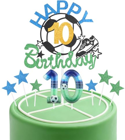 Football Birthday Candles Cake Toppers Set,Soccer Number 10 Candle for Cake,Boys 10th Birthday Decorations,Blue Green Candles Cake Toppers Soccer Cake Decorations for Football Themed Party Supplies