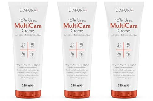 DIAPURA 10% Urea Multicare Creme – Intensivpflege bei trockener & juckender Haut | Mit Glycerin, Dexpanthenol & Jojobaöl | Für Körper, Füße & Hände | Auch für Diabetiker | 750 ml (3 x 250 ml)