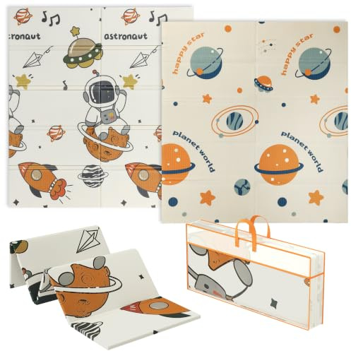 AIYAPLAY Baby Play Mat Foldable 177 x 146 x 1.5cm Astronaut & Planet Theme | Double Sided, Reversible Activity Playmat, Waterproof Kids Foam Crawling Mat, for Outdoor Indoor Picnics
