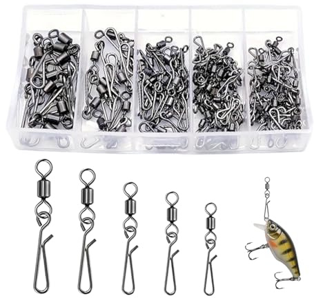 Qwrqwr 100PCS Rolling Fishing Swivels with Solid Rings and Clips Fish Hook Accessories Link to Barrel Connectors Safety Snaps for Sea Competitive Line Entanglement Prevention (B, 100)