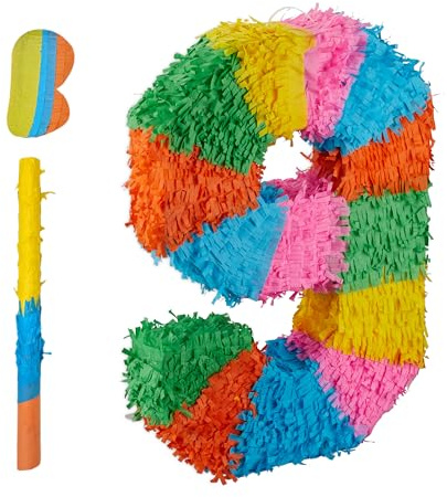 Relaxdays Pinata Zahl, Regenbogenpinata Geburtstag, HBT: 50,5 x 35,5 x 7,5 cm, Partypinata Kinder, zum Befüllen, bunt