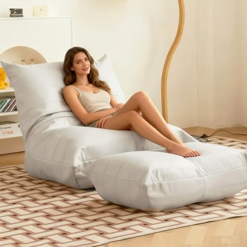 KBZSlyn Sitzsackbezug aus Kunstleder (ohne Füllung) weiche Chaiselongue, wasserdichter Liege-Pouf, faules Schlafsofa, Sitzsack mit Ottoman-Fußstütze, for Wohnzimmer, Balkon(White Sofa+Stool)