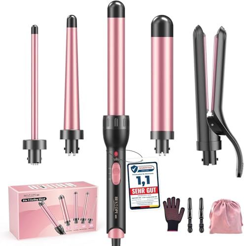 5 in 1 Keramik Lockenstab Set mit Glätteisen,Verschiedenen Aufsätzen | Lockensta für Große und Kleine Locken, 10-32mm,2 Einstellbare Temperatur für Lange kurze Haare