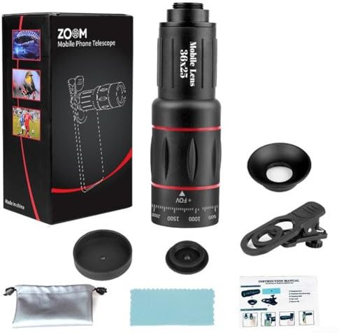 Filteilect Télescope monoculaire pour smartphone, objectif zoom longue portée pour randonnée avec grossissement 18x, 28x, 36x, 64x, compatible avec appareil photo de téléphone portable pour oiseaux