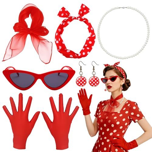 50er Jahre Accessoires Damen Set, 8 Teiliges Rockabilly Kostüm Zubehör mit Polka Dot Bandana, Chiffon Schal, Handschuhe, Sonnenbrille, Ohrringe & Perlenkette für Karneval, Fasching, Mottoparty
