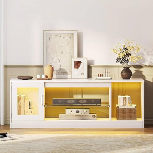 AYNEX 65 Inch TV Stand Cabinet with LED Lights – Modern White TV Unit with Adjustable Glass Shelves, Storage Cupboards & Open Media Console, High Gloss TV Table for Living Room (148x32x51 cm)