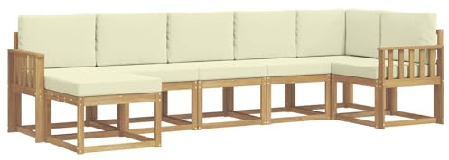 vidaXL Outdoor-Sofagarnitur mit Kissen 7 pcs Weiß und Creme Polyester, Modularer Gartensofa-Set, modernes Outdoor-Sofa, wetterfester Terrassenmöbel, Akazienholz, braunes Sitzen
