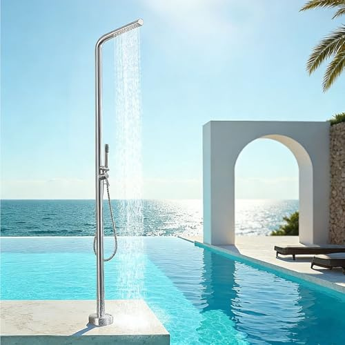 MYUYEE Doccia da Esterno Autoportante in Acciaio Inox con Soffione A Pioggia E Doccetta A Mano – Ideale per Giardino, Spiaggia, Piscina – Resistente Ed Elegante