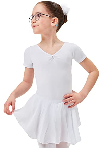 tanzmuster ® Ballettkleid Mädchen Kurzarm - Betty - aus Baumwolle mit Glitzersteinen und Chiffon Röckchen in weiß, Größe:128/134