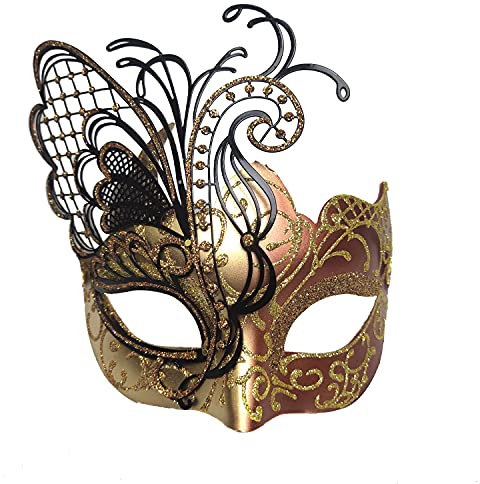 Ubauta Masque de femmes vénitiennes en métal strass papillon or rose pour mascarade/fête de mardi gras/bal costumé Sexy/mariage