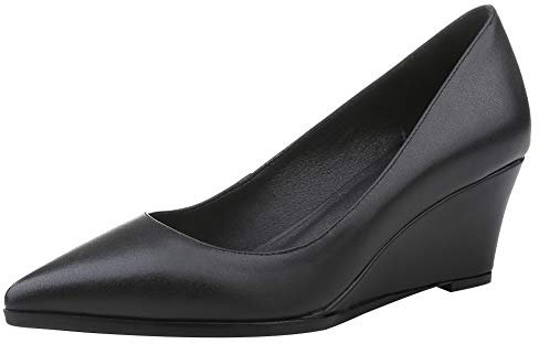 Jamron Damen Echtleder Spitze 5.5CM Keilabsatz Pumps Büroarbeit Gericht Schuhe Schwarz SN02411-2 EU37