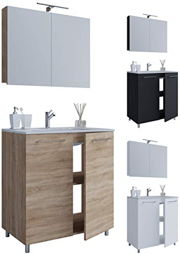 VCM 3-TLG. Set | 1 Waschtisch mit Drehtüren, 1 Spiegelschrank, 1 Waschbecken | Keramik Waschbecken | Unterschrank 80 cm | Waschplatz | Badmöbel Set – Badinos