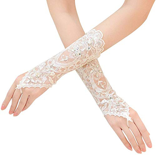 Suntrade Spitzen-Hochzeitshandschuhe, fingerlos, Strass, Brauthandschuhe für Hochzeit, Abschlussball, Abendparty