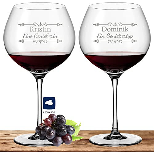 Deitert 2X Leonardo Burgunderglas Rotweinglas XL mit Namen oder Wunschtext graviert, 630ml, CIAO+, personalisiertes Premium Burgunderglas in Gastroqualität (Verzierung 01)