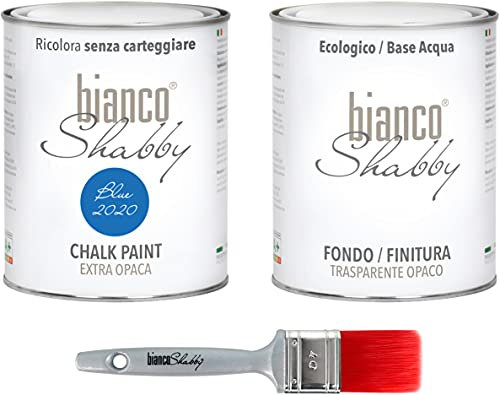 CHALK PAINT Blue (2020) & FINITURA - Pittura Shabby Chic EXTRA OPACA (1 Litro) + Finitura Trasparente Opaco (1 Litro) + 1 Pennello Pro 40 mm