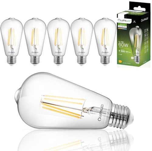 Lumiled ST64 E27 LED Vintage Lampe 8W (Entspricht 60W), 880 Lm transparentes Glas Leuchtmittel Edison 4000K Neutralweiß Licht Traditionelle Birne Retro 360° Glühbirnen Filament 6er-Pack Fadenlampe