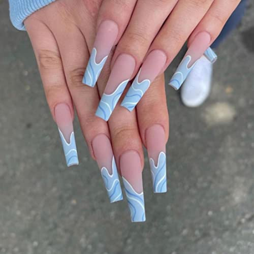 SINLOV 24pcs Coffin Fake Nails Blue Wave Press on False Nails Long Ballerina Artificial Finger Nails Full Cover False Nails Art Nail Tips for Women and Girls (Blue)…
