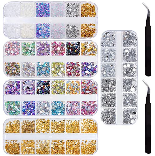 Nagel Kunst Strass Multi Design Nail Art Rhinestone Kit 5 Boxes Nail Art Crystals Diamonds mit 2 Pinzetten for 3D Nail Art Design DIY Dekorationen