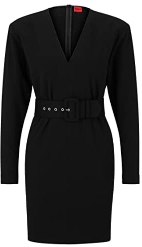 HUGO Damen Kasanne Kleid aus Stretch-Jersey mit V-Ausschnitt, Gürtel und Schulterpolstern Schwarz 38