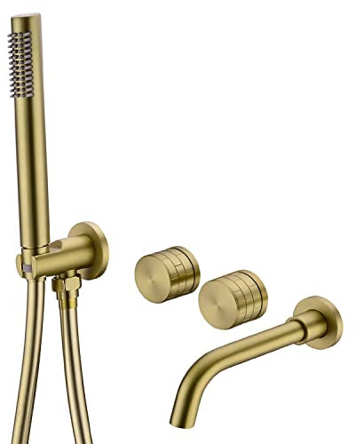 Bathroom Bath Tap with Brushed Gold Shower Handheld Mixer Shower Spout, Wall Mounted Bathtub Faucet 2 Functions Mixing Brass Valve Tub Taps Set