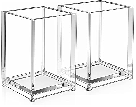 VASANA 2PCS Clear Acrylic Pencil Holder Cup Pen Pot Desktop Stationery Storage Organizer Desk Tidy Makeup Brush Holder for Office Makeup Desk