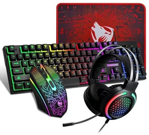 TF400 - Tastiera e mouse da gioco, tappetino per mouse e cuffie da gioco, set di retroilluminazione RGB a LED cablato per giocatori PC, confezione regalo 4 in 1